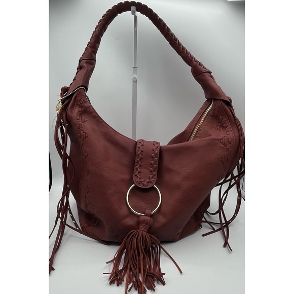 Big Buddha Handbags - Big Buddha Faux Leather Hobo Bag Brown Boho Ring Tassel Braided Strap Large